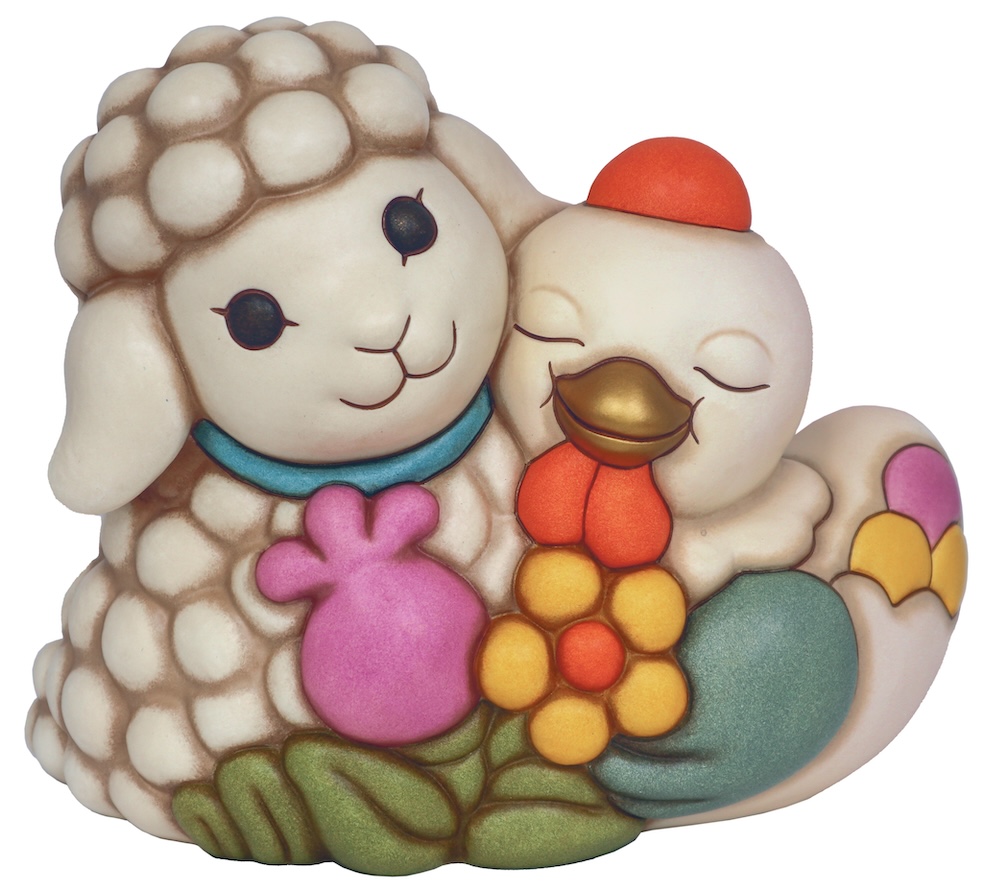 Coppia agnellino Nelly e gallina Ester in ceramica Sorprese di Pasqua, maxi. Misura L 29 x P 15,5 x H 23 cm.